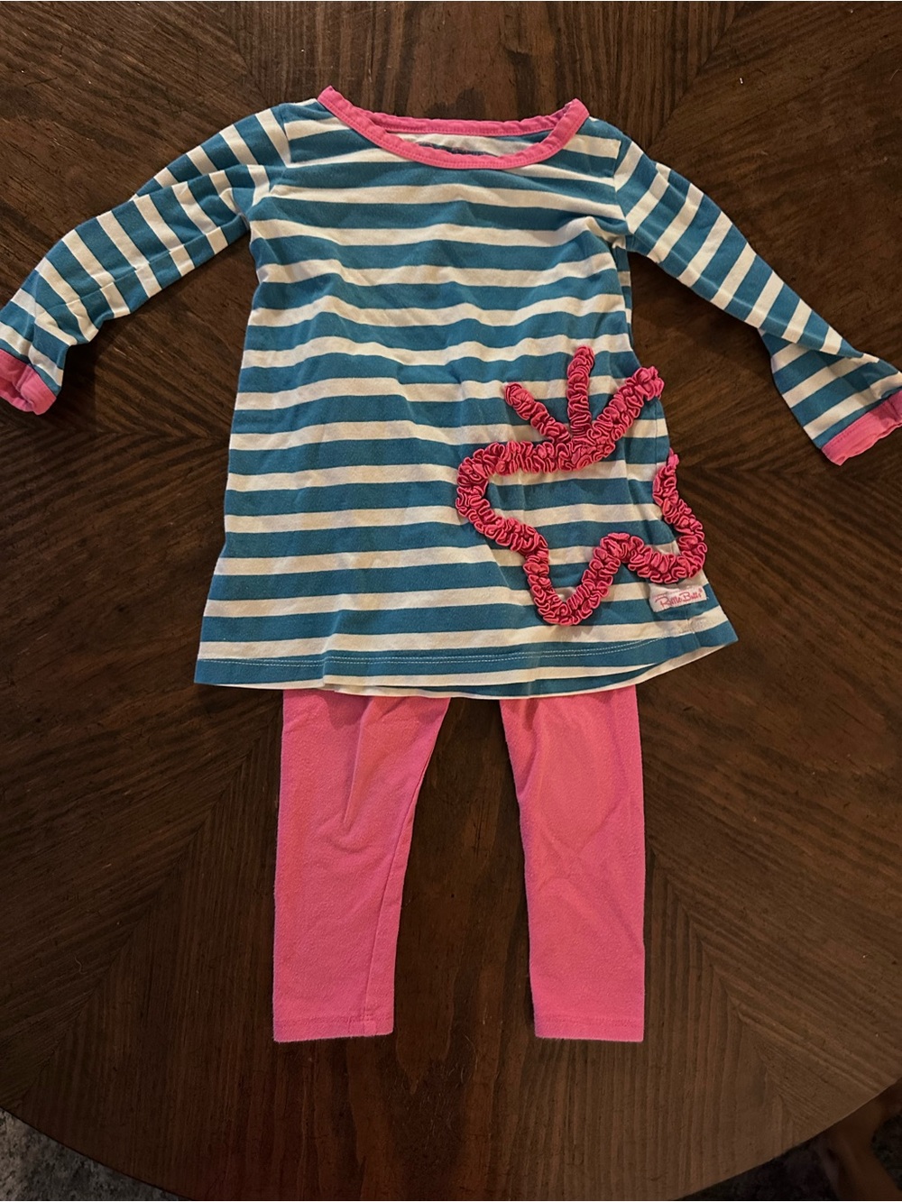 Rufflebutts Toddler 2-Piece Outfit Set Blue Stripe and matching pink leggings